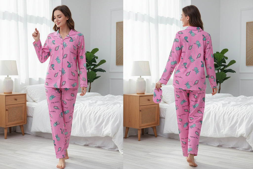 MEYVE DESENLİ DÜĞMELİ SÜET PİJAMA TAKIMI