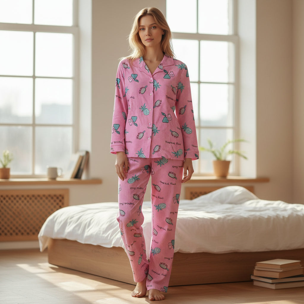 MEYVE DESENLİ DÜĞMELİ SÜET PİJAMA TAKIMI