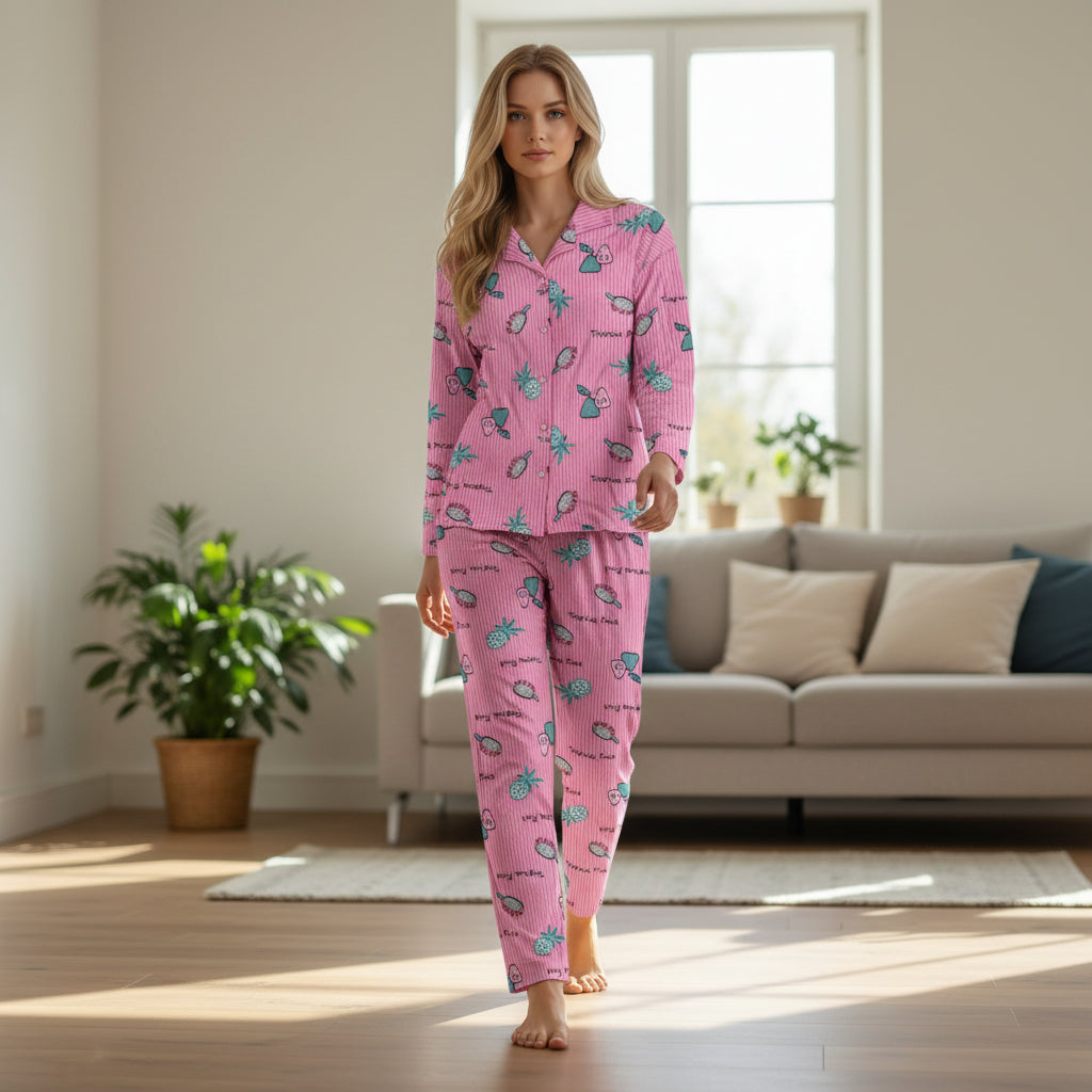 MEYVE DESENLİ DÜĞMELİ SÜET PİJAMA TAKIMI