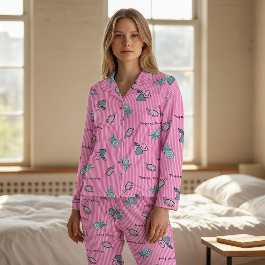 MEYVE DESENLİ DÜĞMELİ SÜET PİJAMA TAKIMI