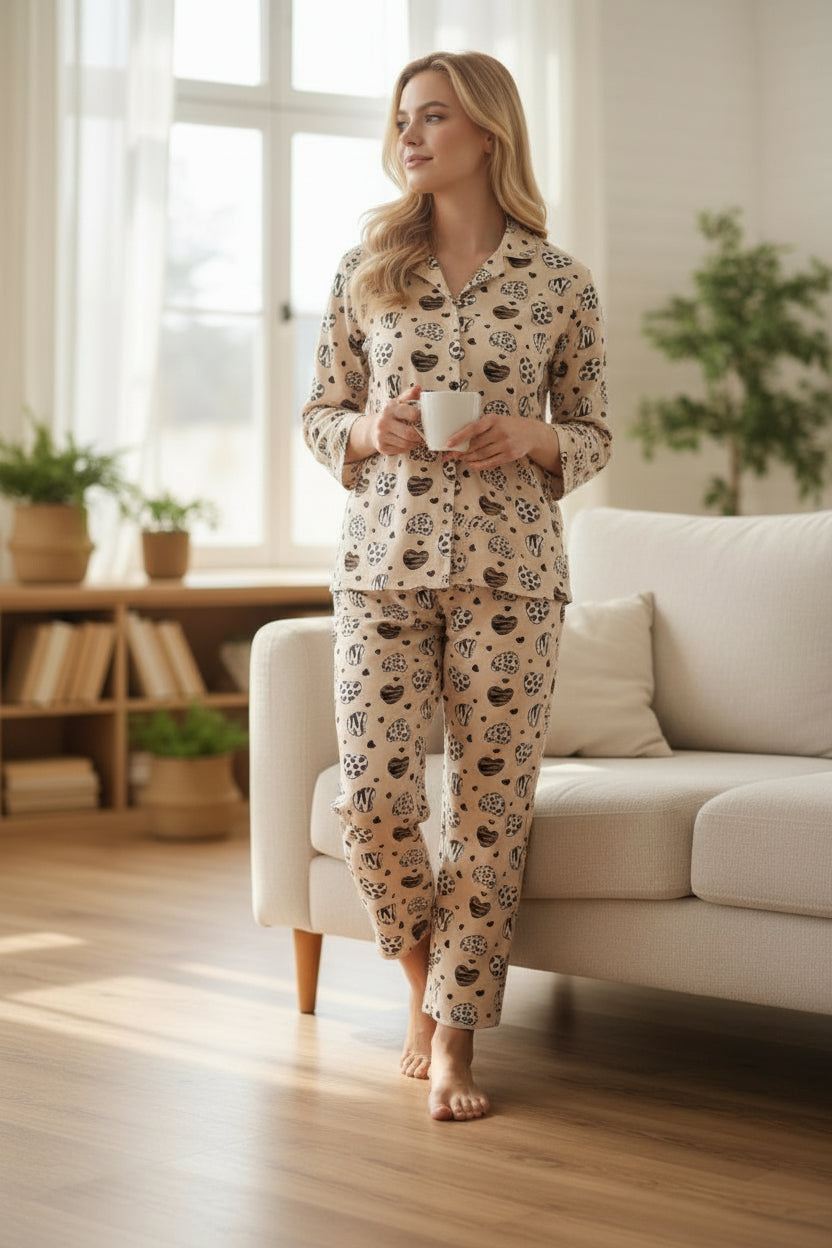 KALPLİ LEOPAR DESENLİ DÜĞMELİ SÜET PİJAMA TAKIMI